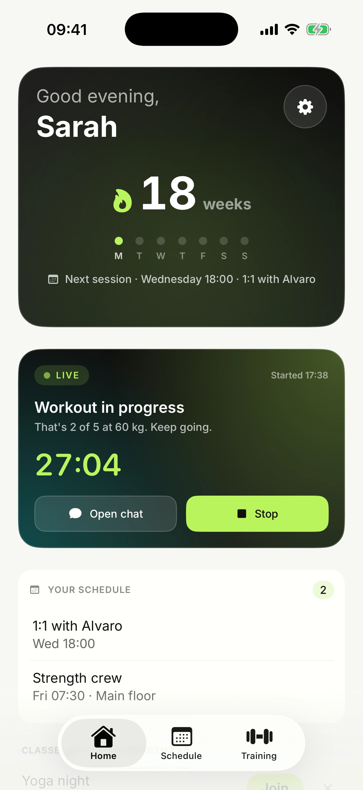 Gorillo client home: an 18-week training streak, next session, and a live workout card