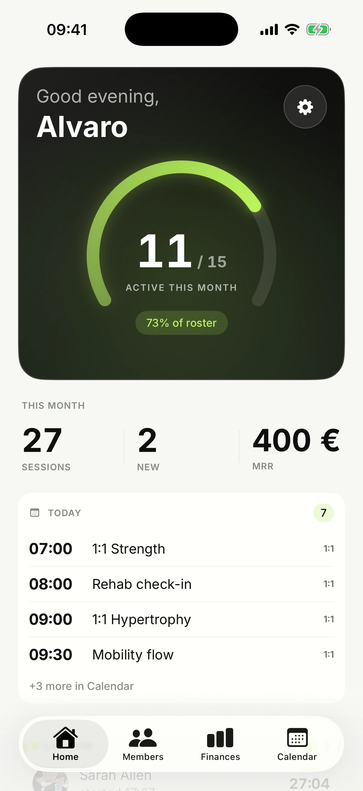 Gorillo trainer home: 11 of 15 clients active this month, this month’s sessions and revenue, and today’s bookings