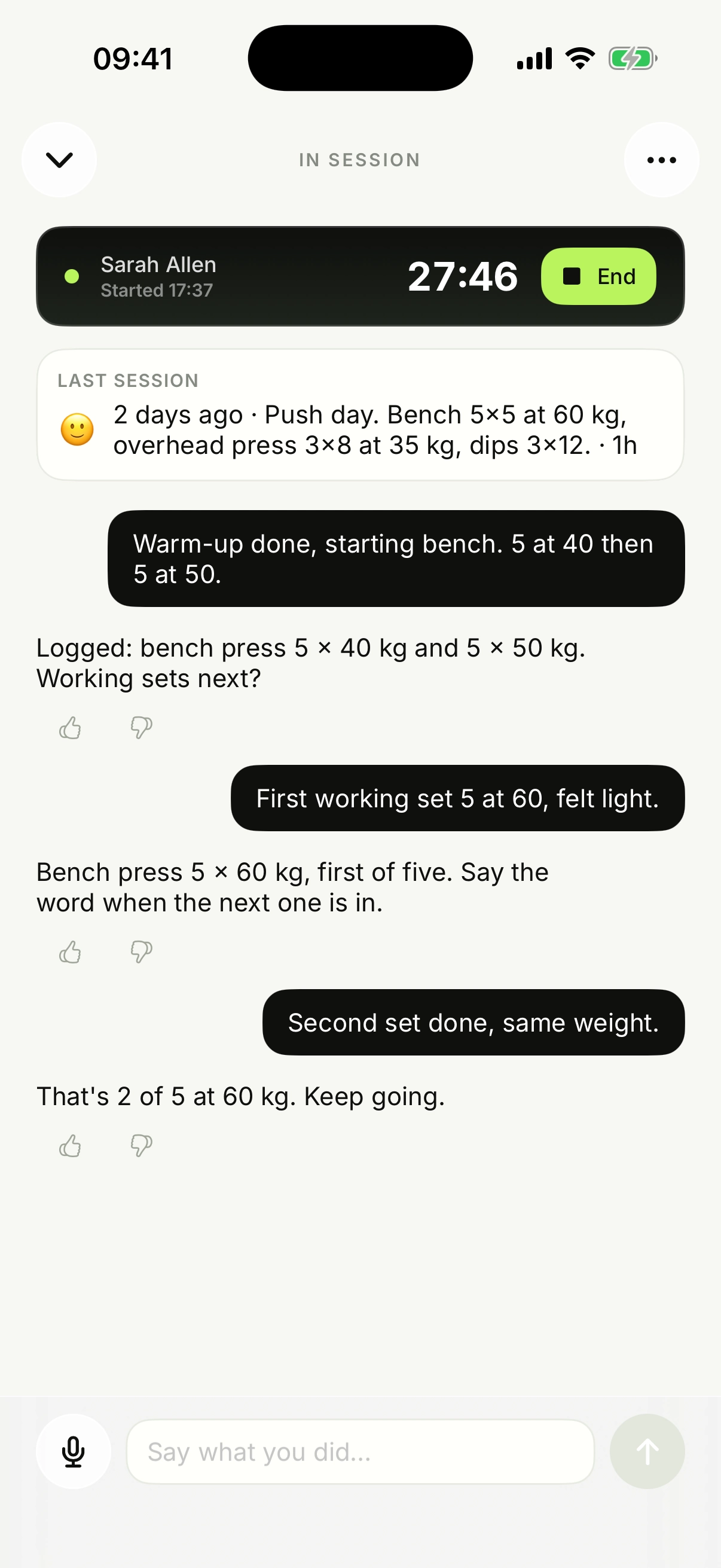 Gorillo live session with Sarah Allen: bench press sets logged through a chat