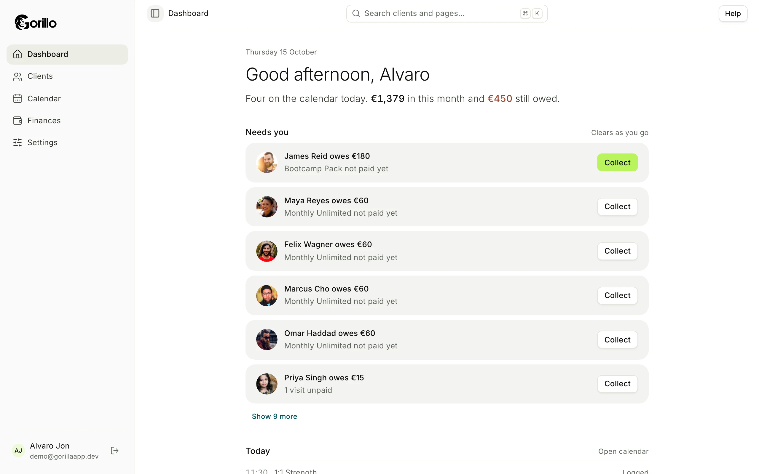 Gorillo web app dashboard: Felix, Marcus and Omar each owe €60, Priya owes €15, and Chloe hasn’t trained in 18 days